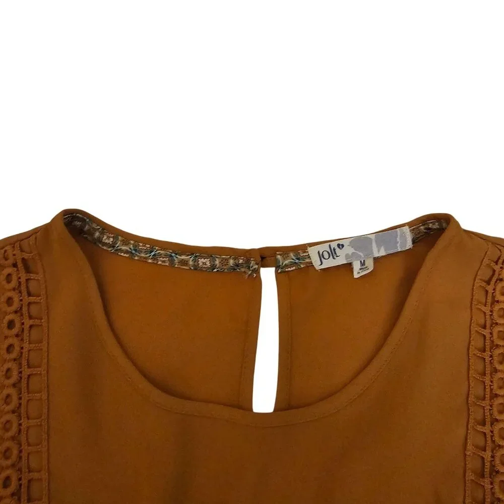 Jolt Rust Orange Crochet Lace Detail Bell Sleeve Peasant Style Blouse Sz Medium - Picture 6 of 12